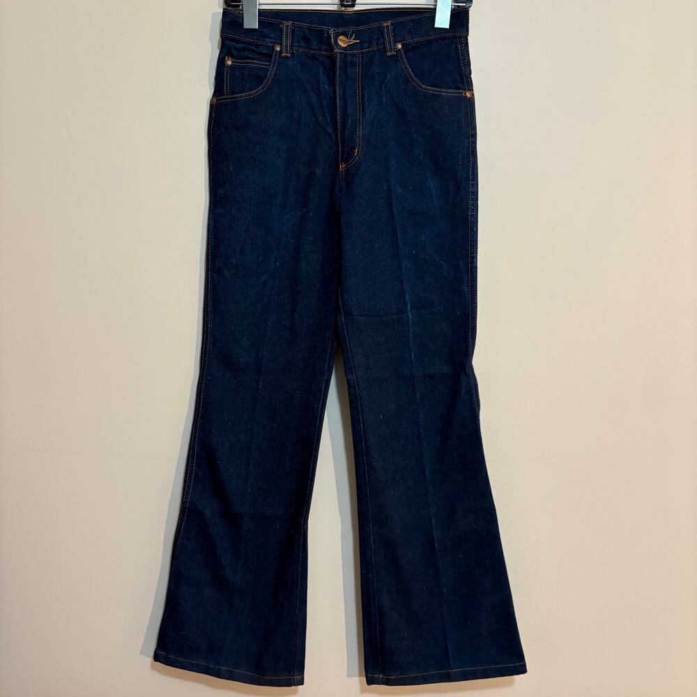 Vintage 70s Wrangler Flare Jeans 29 Long Dark Wash Indigo High Rise Bell Bottom